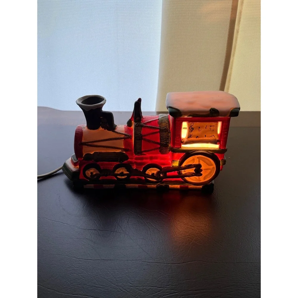 Vintage Ceramic Christmas Train Locomotive Lighted Holiday Decor Red Green Box